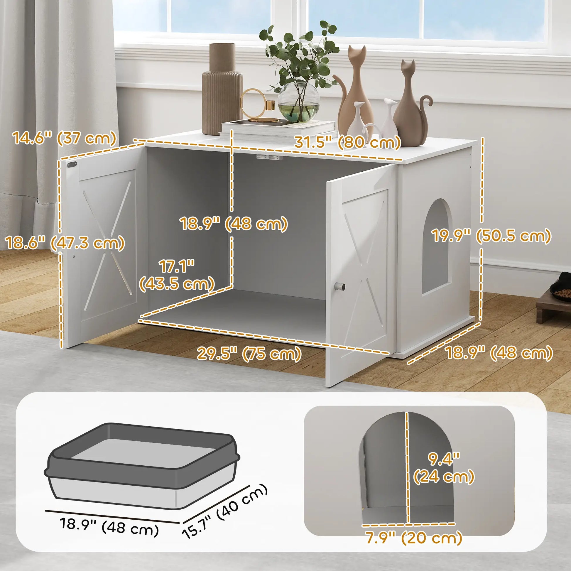 Hidden Cat Litter Box Enclosure, Double Doors, Hole, 31.5" x 19" x 20", White Cat Litter Box Enclosures at Gallery Canada