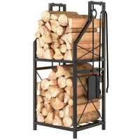 2-Tier Metal Firewood Rack, 4 Fireplace Tools, Black