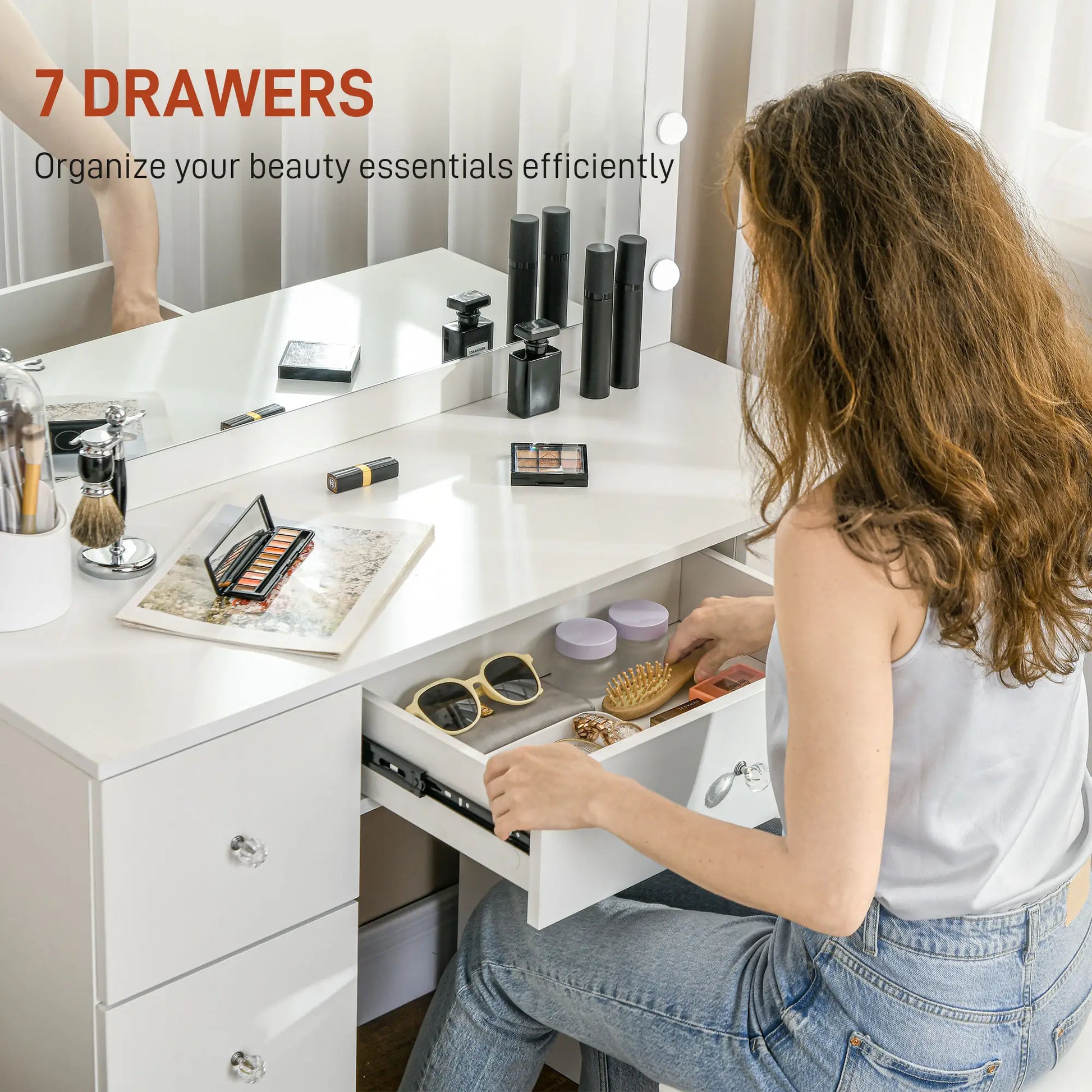 Modern Makeup Vanity Table, Mirror with 10 LED Lights, 7 Drawers, White Dressing & Vanity Tables at Gallery Canada