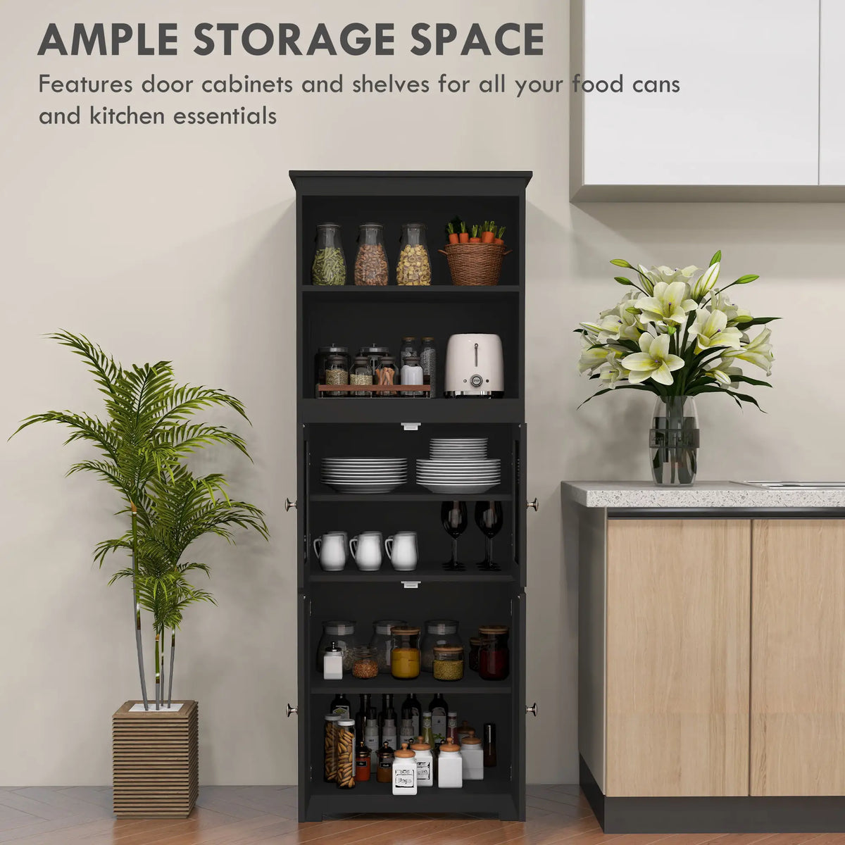 63" Small Buffet with Hutch, 4-Door Kitchen Pantry Cabinet, Black Kitchen Pantry Cabinets at Gallery Canada