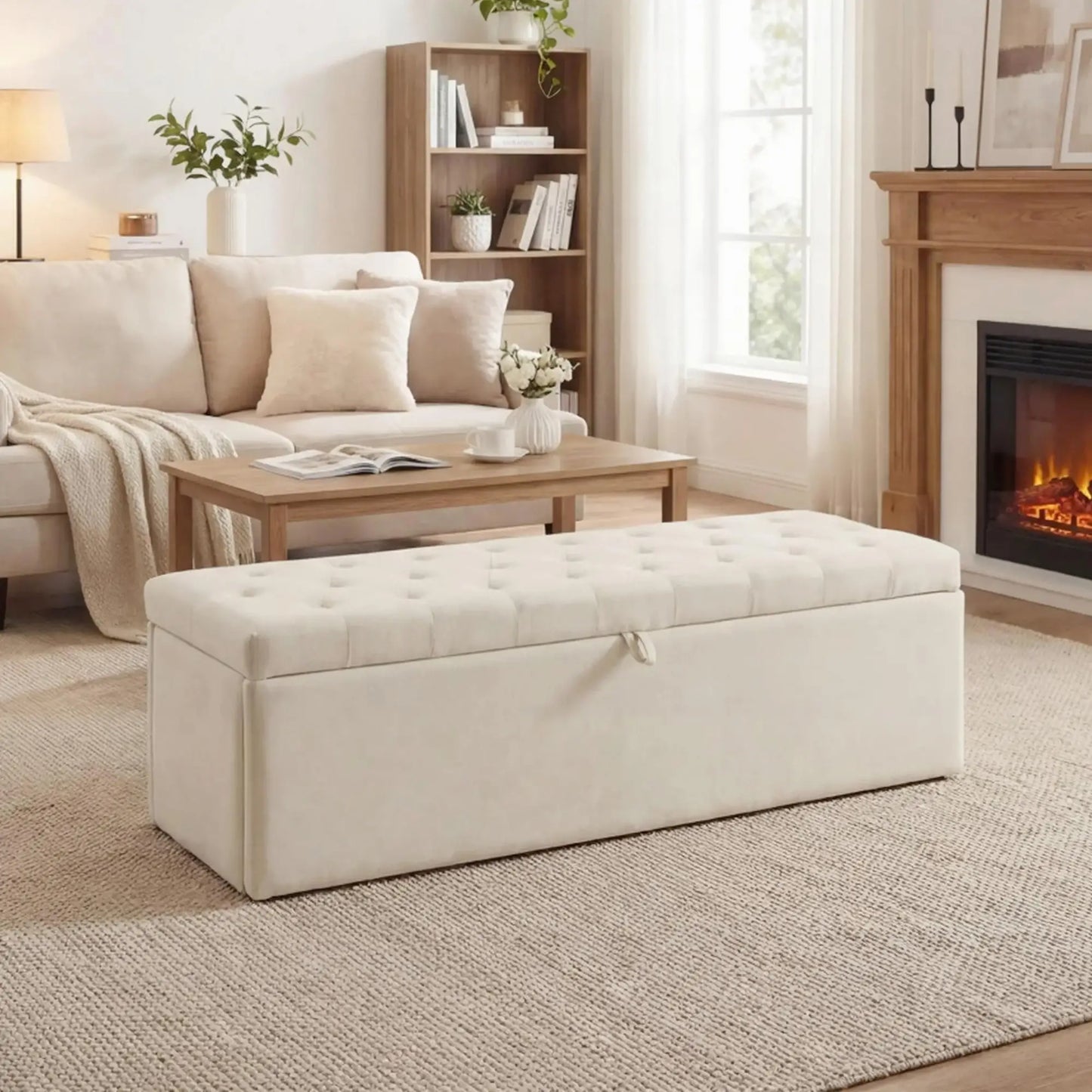 Upholstered Velvet Storage Ottoman Bench, Button Tufted, Beige Storage Ottomans & Benches at Gallery Canada