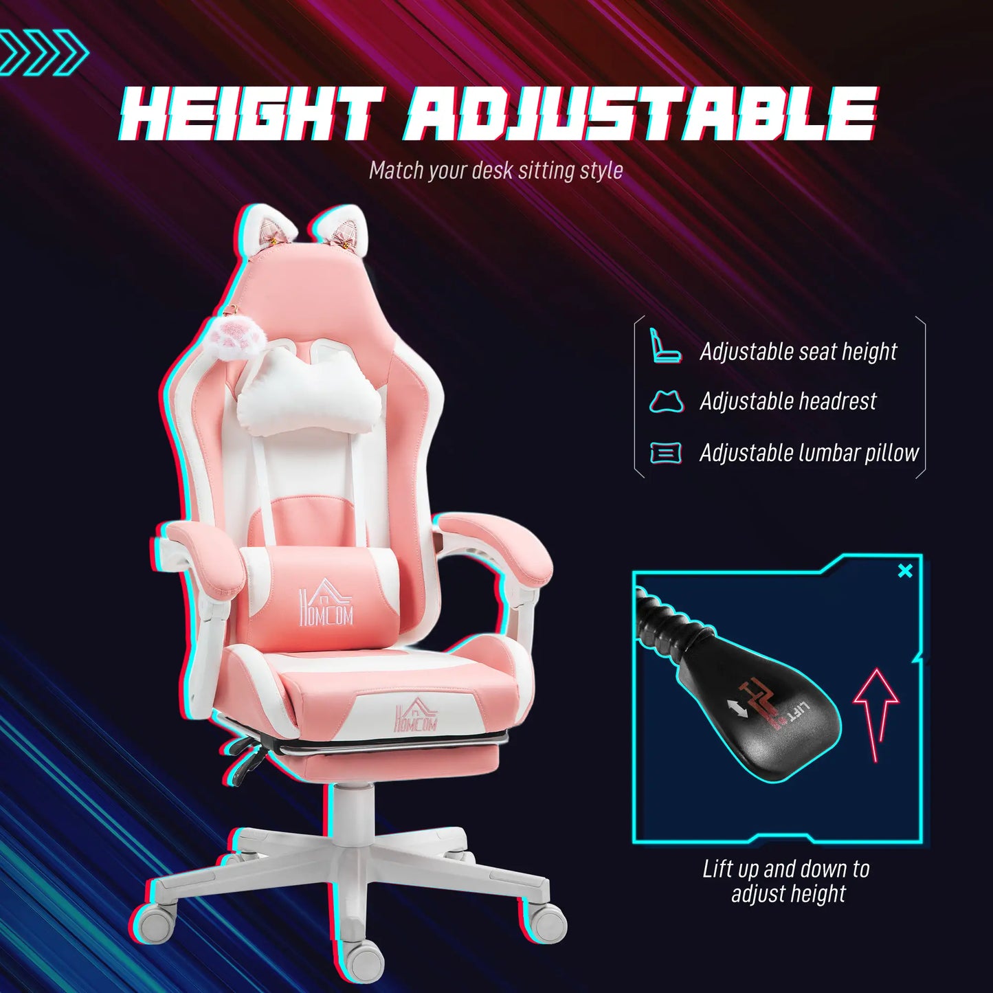 Racing Gamer Chair, Faux Leather with Footrest, Headrest, Lumbar Support, Pink Video Game Chairs at Gallery Canada