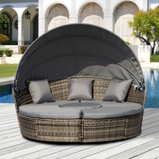 Outdoor Daybed with Canopy, PE Rattan Round Sofa, Patio Set with Cushions, Grey Daybeds Grey Rattan, Grey Cushion at Gallery Canada