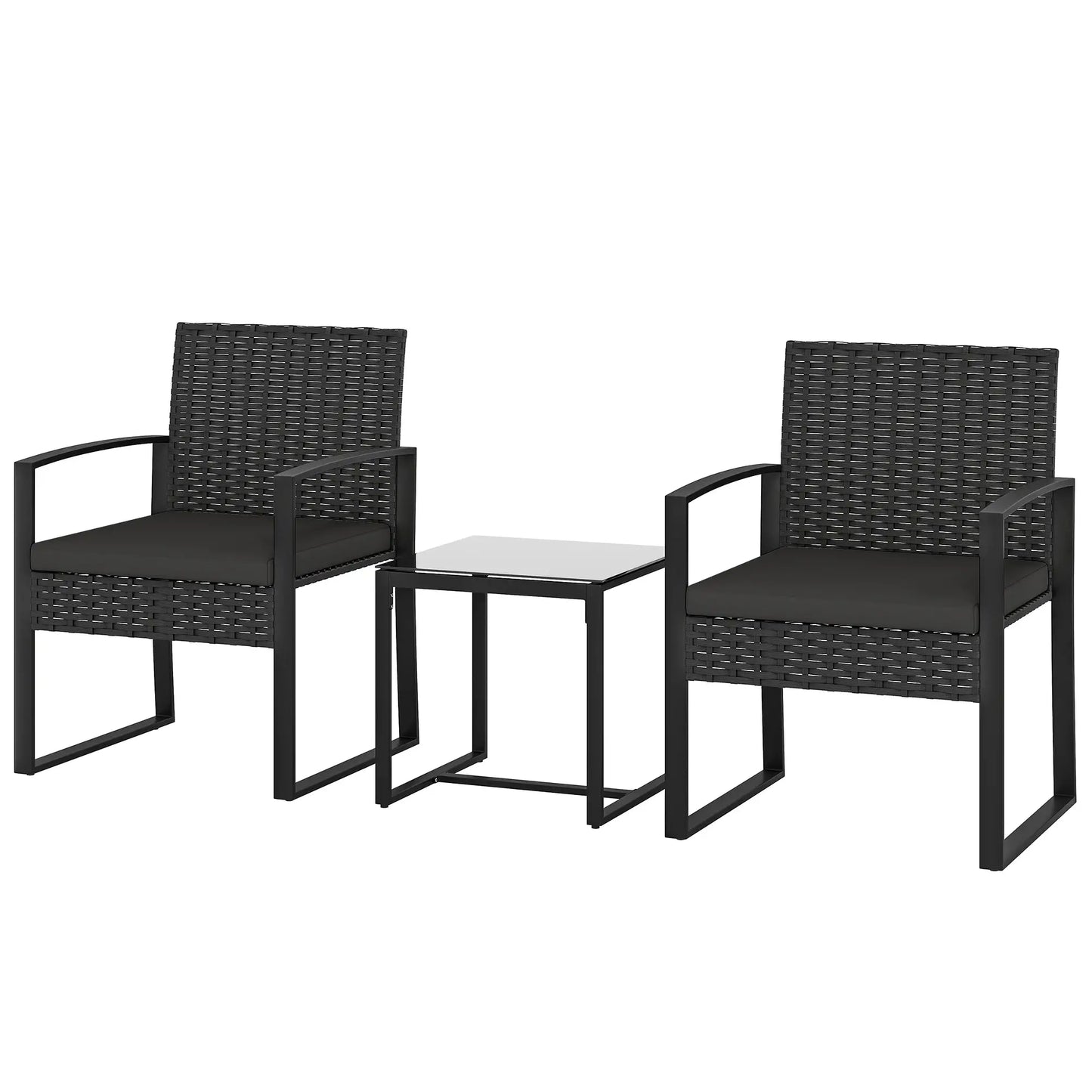 3 Piece Wicker Patio Set, Glass Top Table With Cushions, Black Bistro Sets Black at Gallery Canada