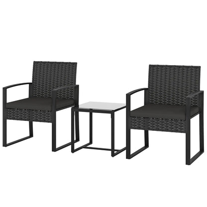 3 Piece Wicker Patio Set, Glass Top Table With Cushions, Black Bistro Sets Black at Gallery Canada
