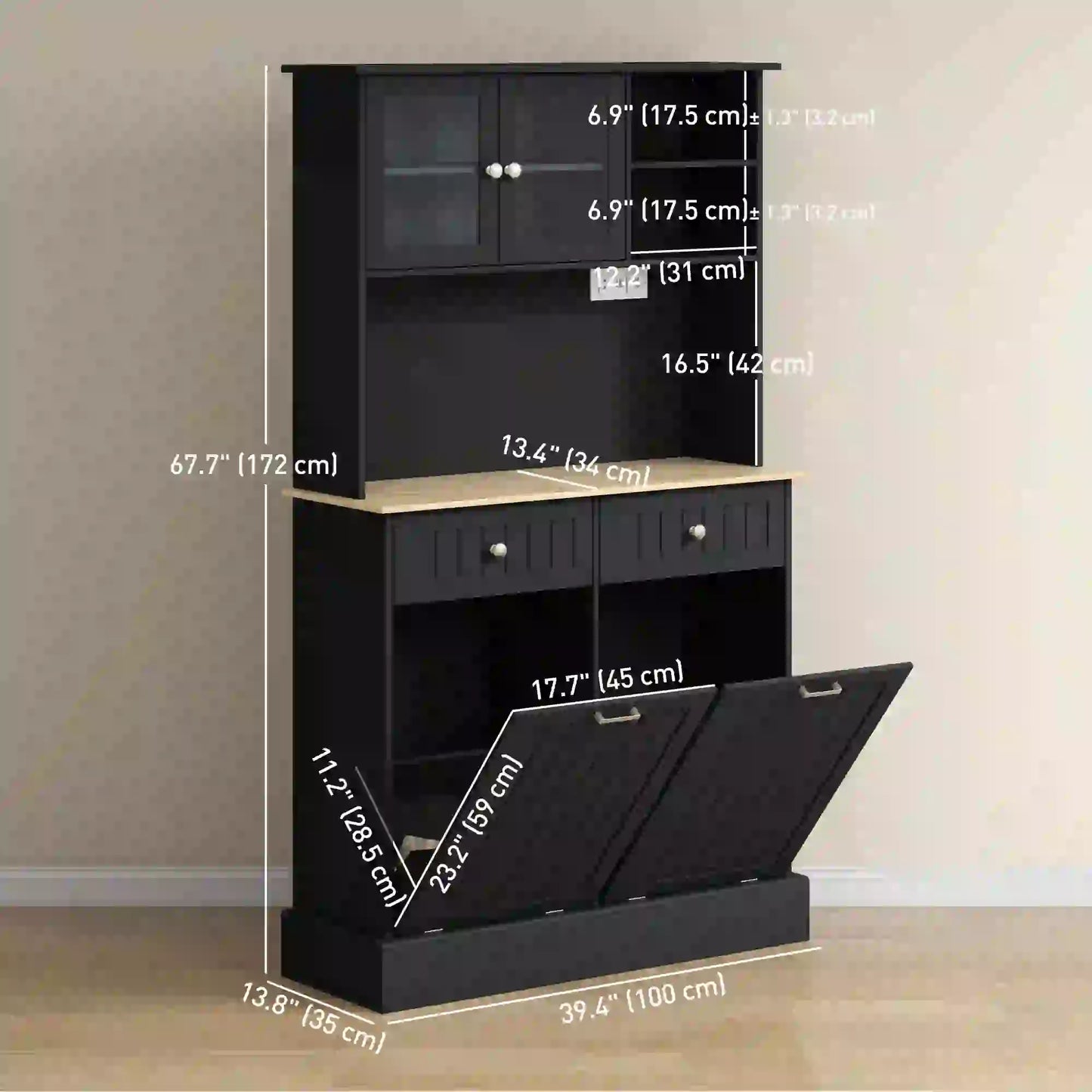 Kitchen Cabinet with Charging Station, 2 Tilt Out Cabinets, Microwave Stand, Black Kitchen Pantry Cabinets at Gallery Canada