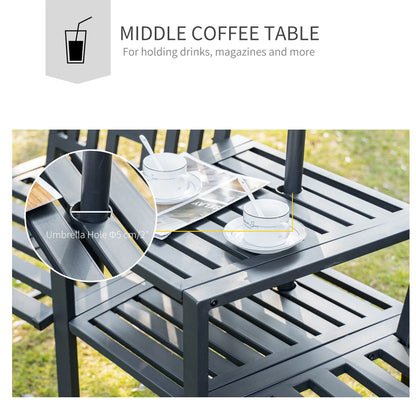Metal Outdoor Bench, 2-Seater with Middle Table, Umbrella Hole, Black Outdoor Benches at Gallery Canada