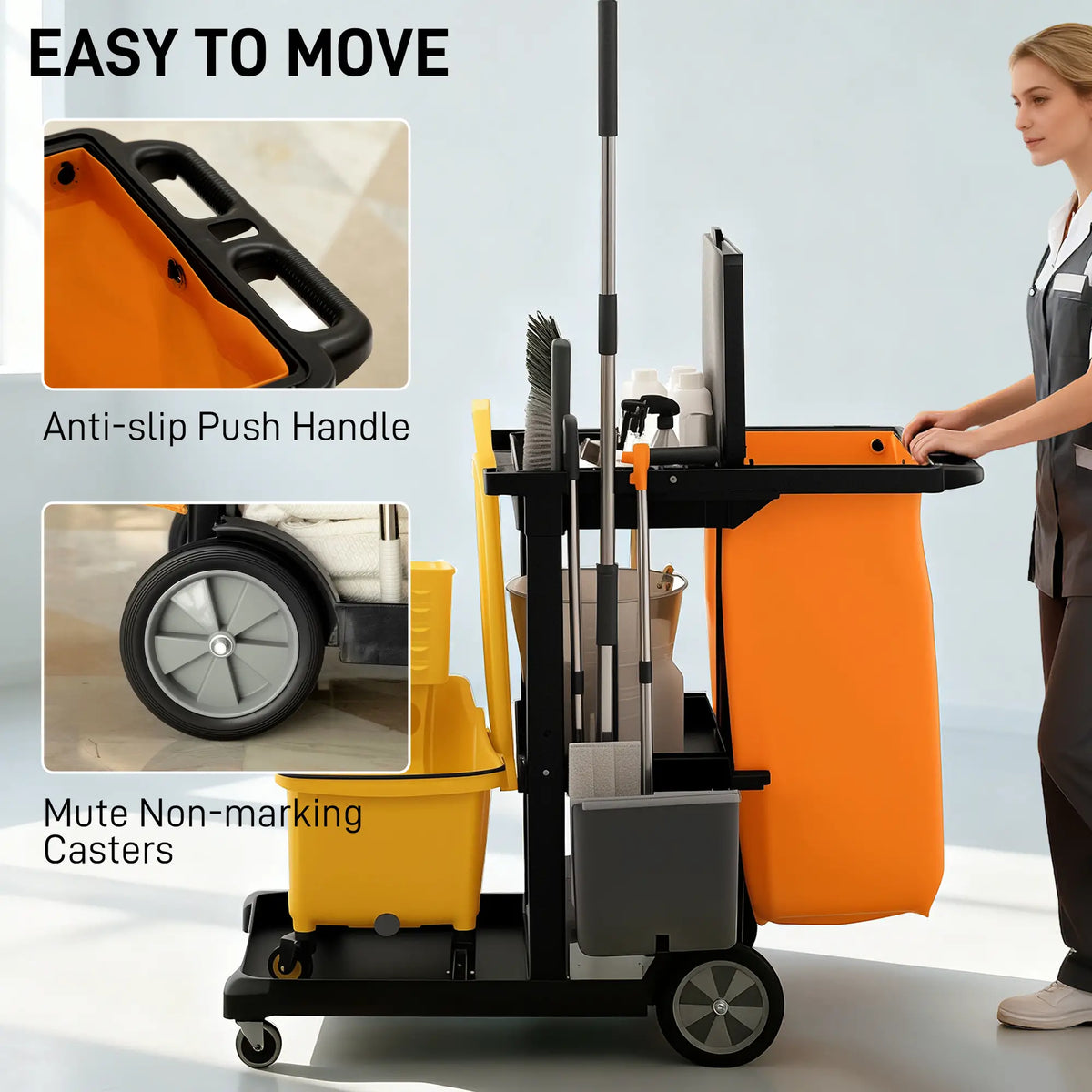 Commercial Janitorial Cart, 3 Tier Shelves, Black Household Supplies at Gallery Canada