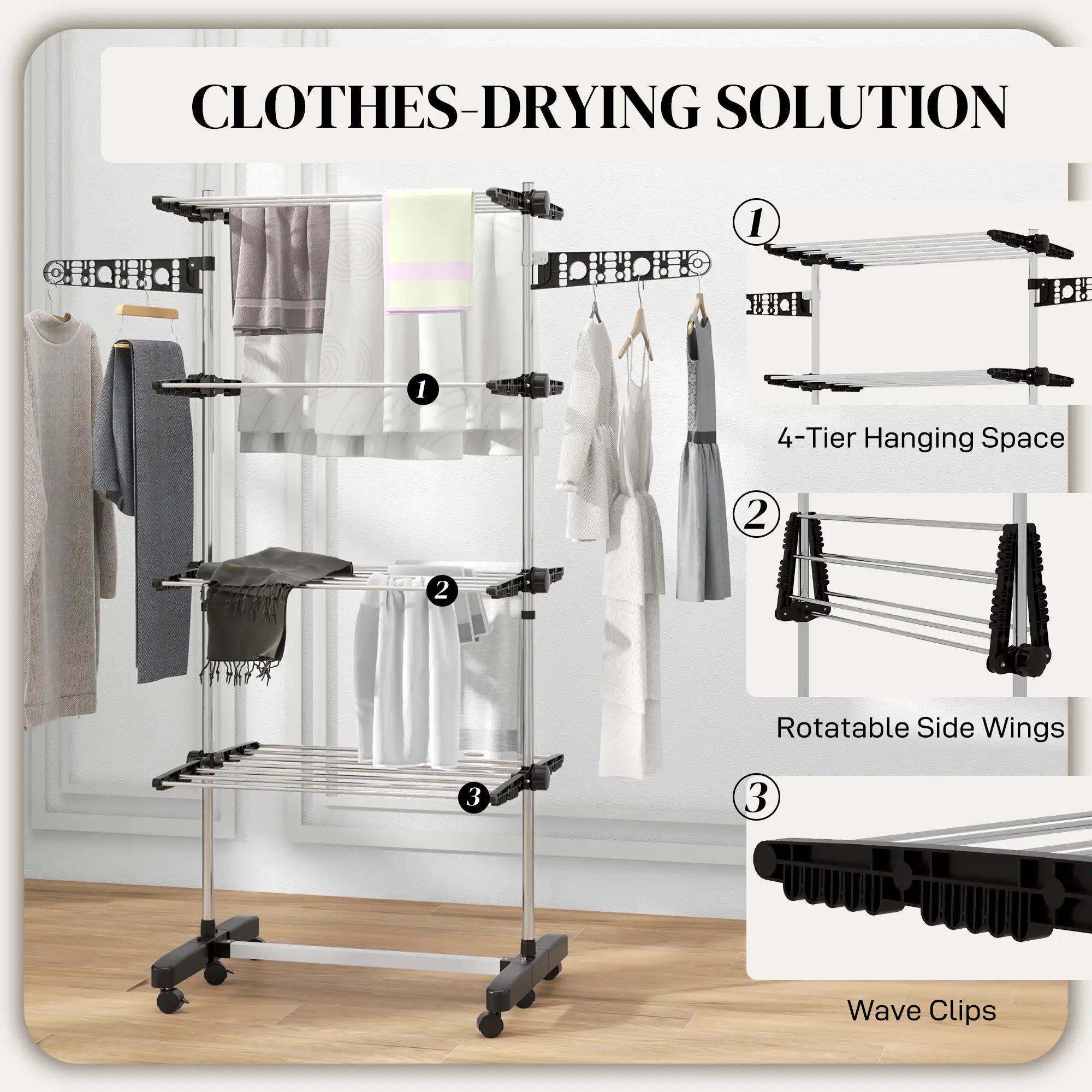 Stainless Steel Folding Clothes Drying Rack, Side Wings, Castors, Indoor Outdoor, Black Bath Accessories at Gallery Canada
