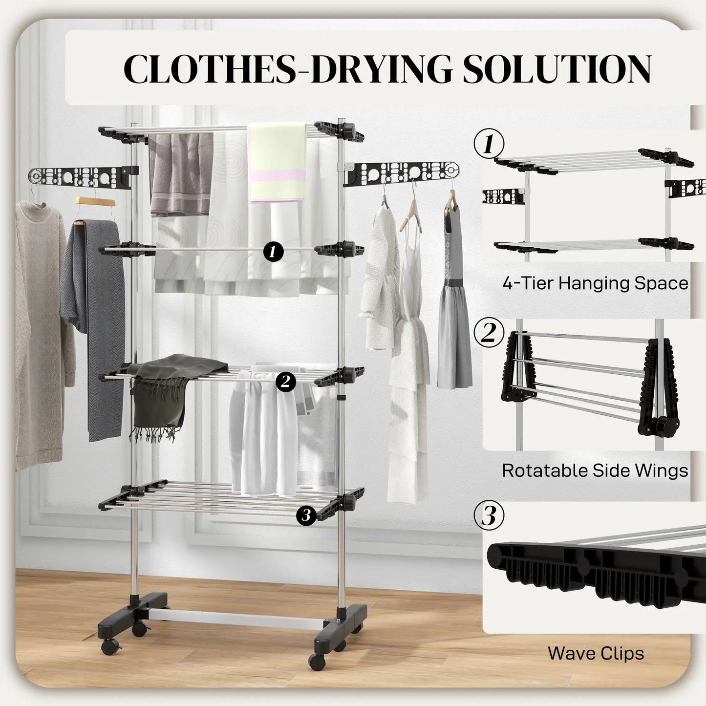 Stainless Steel Folding Clothes Drying Rack, Side Wings, Castors, Indoor Outdoor, Black Bath Accessories at Gallery Canada