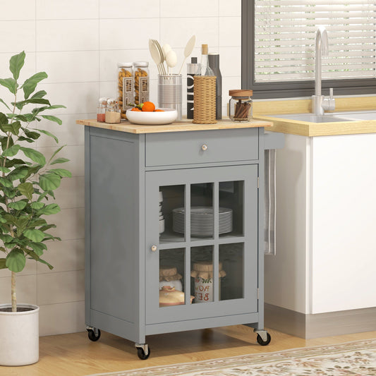 Rolling Kitchen Cart with Drawer and Glass Door Cabinet, Kitchen Island on Wheels with Towel Rack, Grey - Gallery Canada