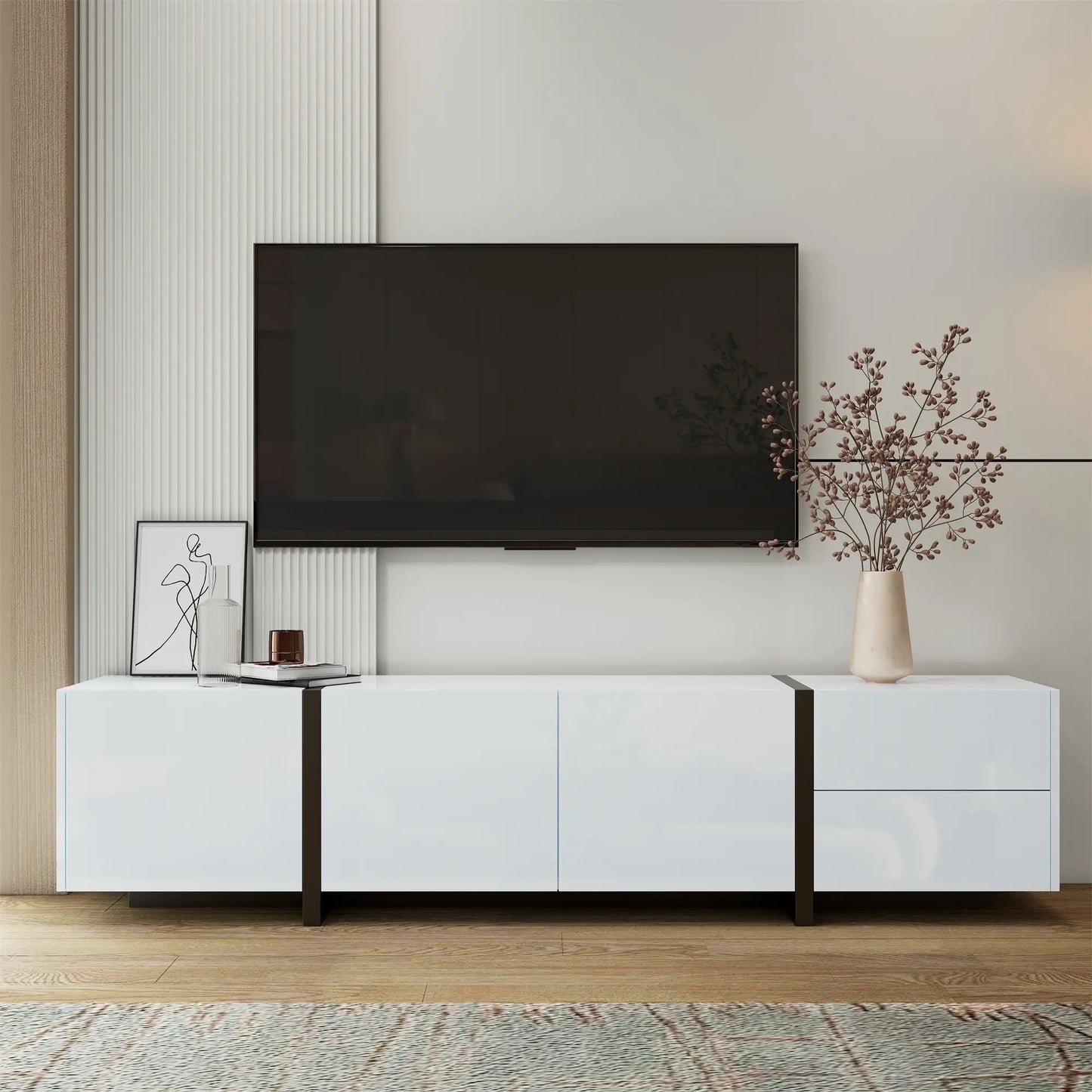 TV Cabinet, High Gloss Finish, Ample Storage, 67" L x 11.5" W x 11.5" H, White TV Stands at Gallery Canada