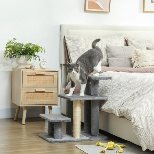 Cat Stairs with 2 Sisal Scratching Posts, Adjustable 3-Tier, Grey Dog Stairs Grey, Cream White at Gallery Canada