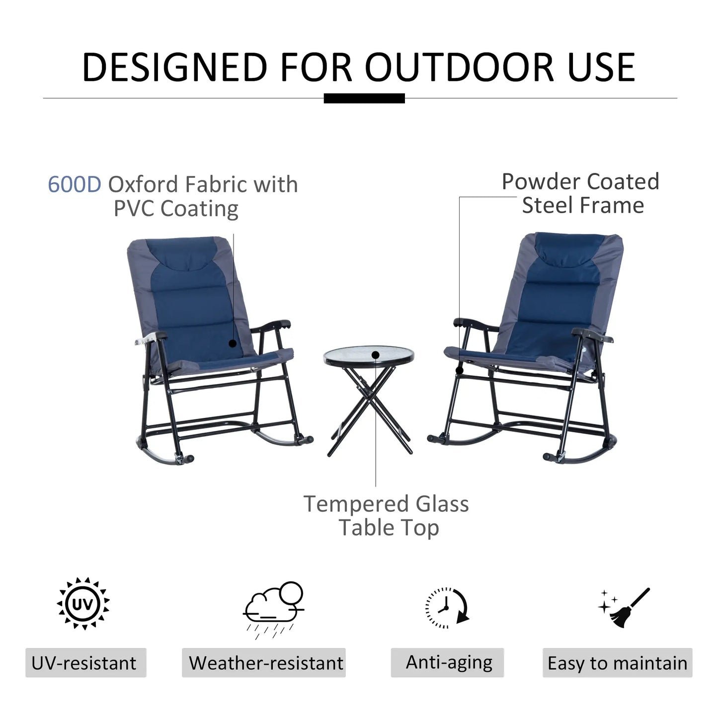 3pc Foldable Rocking Chair Set, Outdoor Bistro w/ Padded Seat, Blue Outdoor Rocking Chairs at Gallery Canada