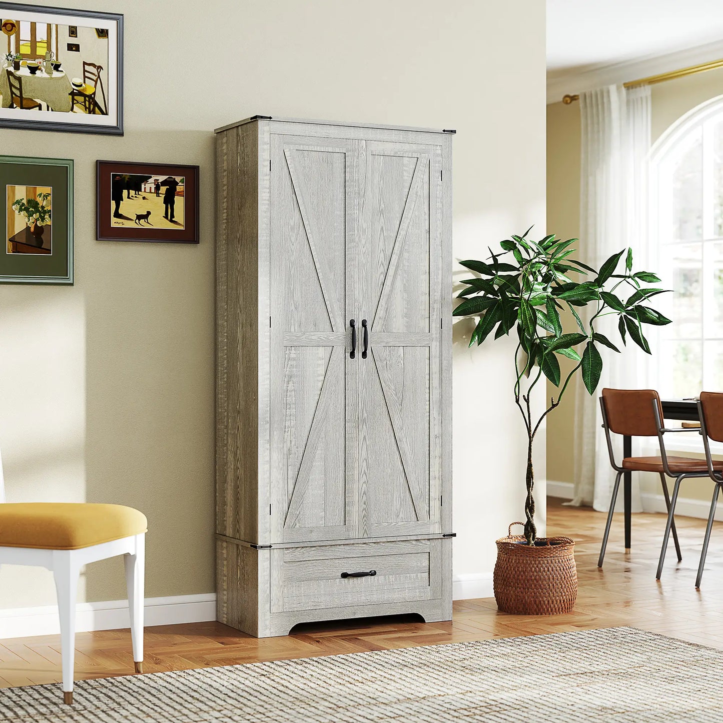 72" Farmhouse Pantry Cabinet, Adjustable Shelves, 2 Doors, Distressed, Light Grey Storage Cabinets at Gallery Canada