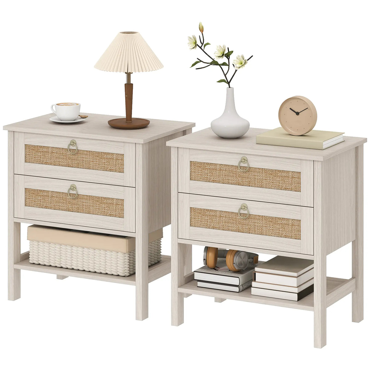 Set Of 2 Rattan Nightstands, 2 Drawers, Storage Shelf, White Oak Bedside Tables White Oak, Natural at Gallery Canada
