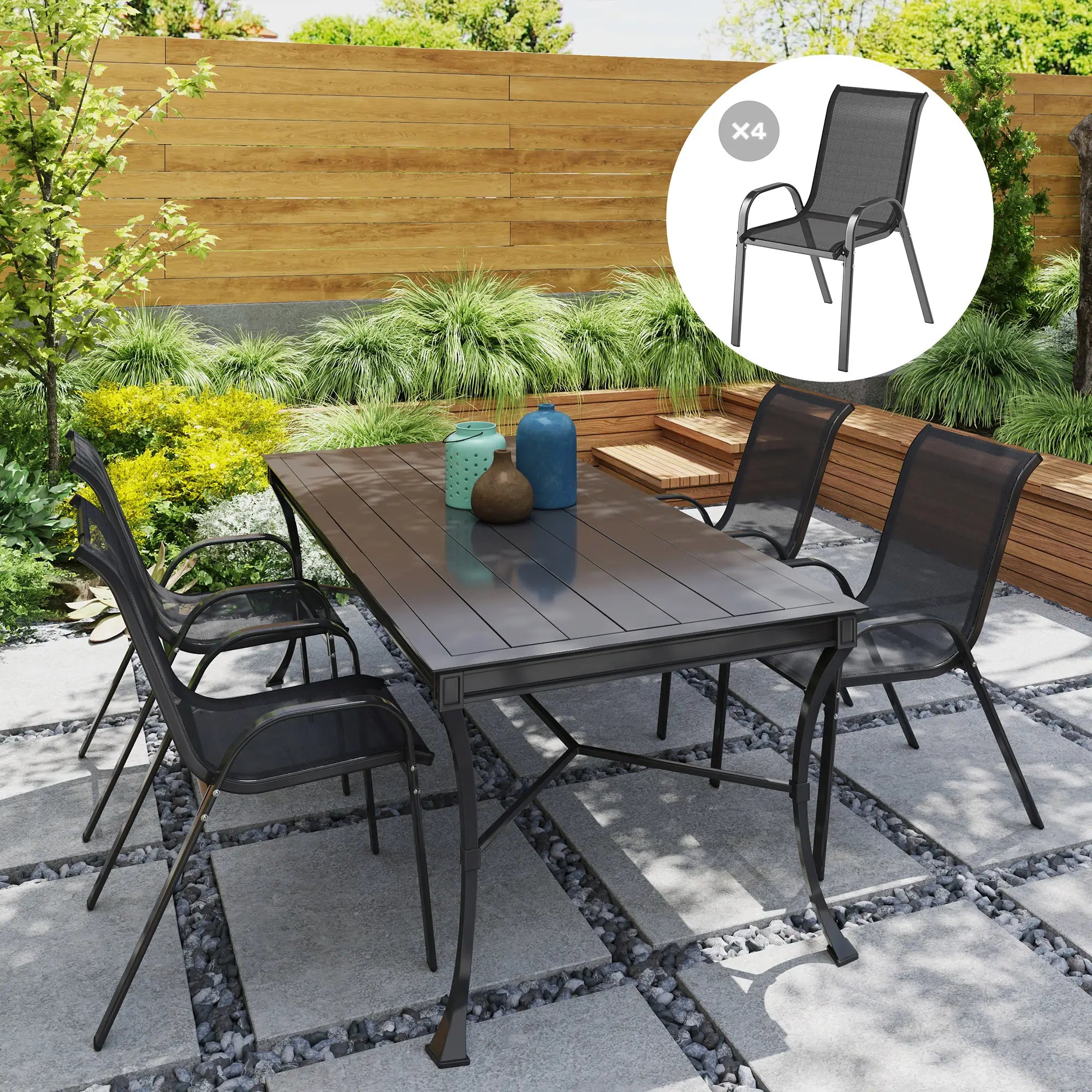 Set of 4 Stackable Outdoor Dining Chairs, High Back, Breathable Mesh Seat, Black Outdoor Dining Sets at Gallery Canada
