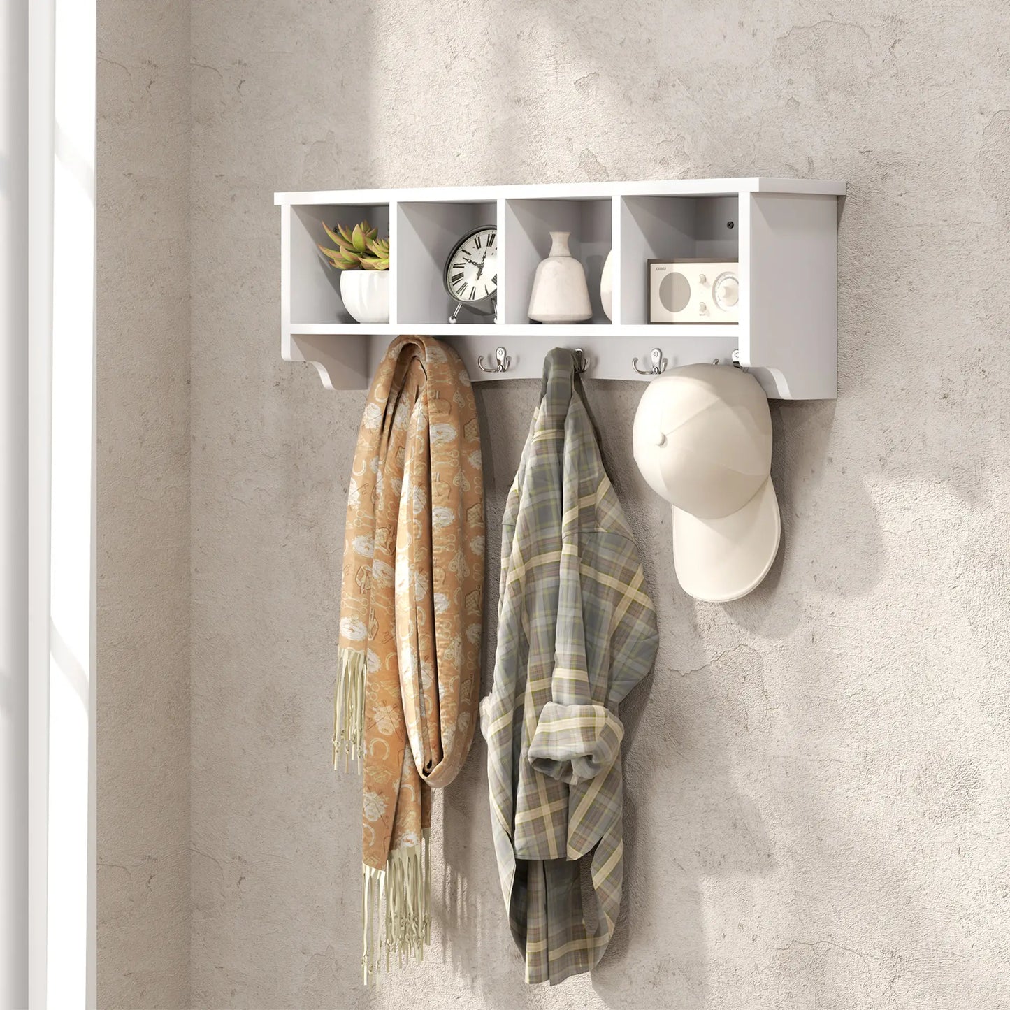 Wall Mount Coat Rack with Shelf, 28", 5 Hooks, 4 Compartments, White Clothing Storage at Gallery Canada