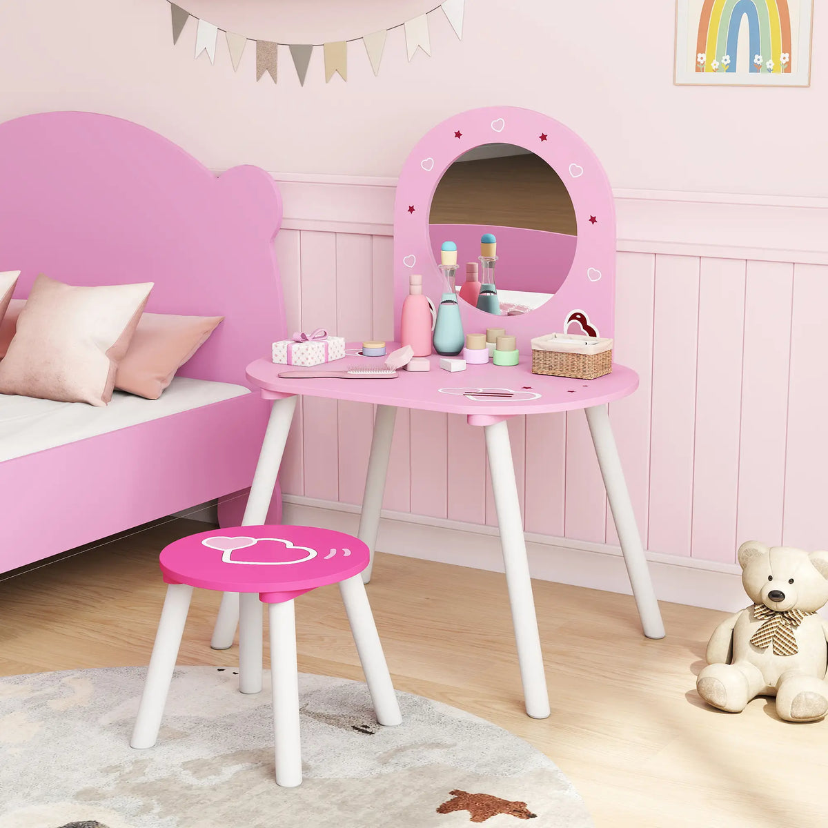 Kids Dressing Table with Mirror and Stool, Girls Vanity Set, Pink Toy Vanity at Gallery Canada