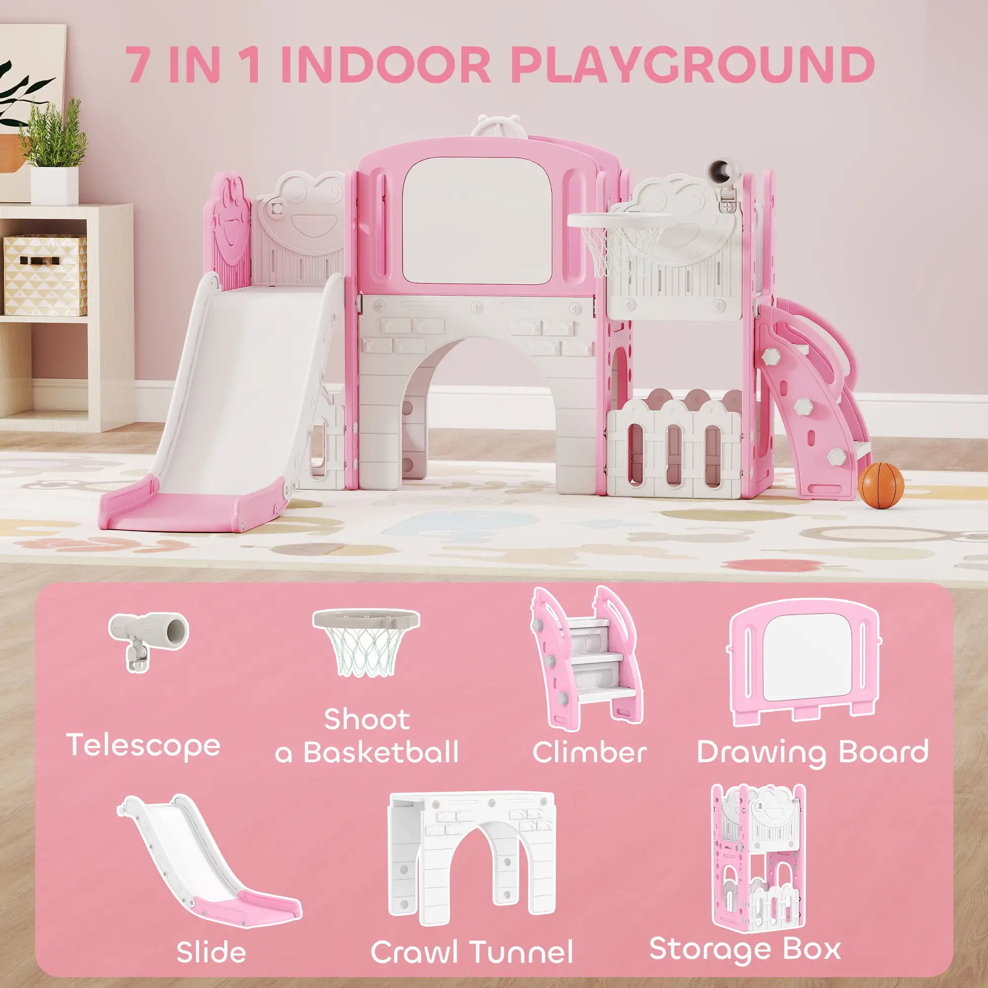 7 In 1 Toddler Slide With Basketball Hoop, Climbing Frame, Telescope, Drawing Board, Storage Box, Pink Gym Sets & Swings at Gallery Canada
