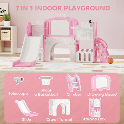 7 In 1 Toddler Slide With Basketball Hoop, Climbing Frame, Telescope, Drawing Board, Storage Box, Pink Gym Sets & Swings at Gallery Canada