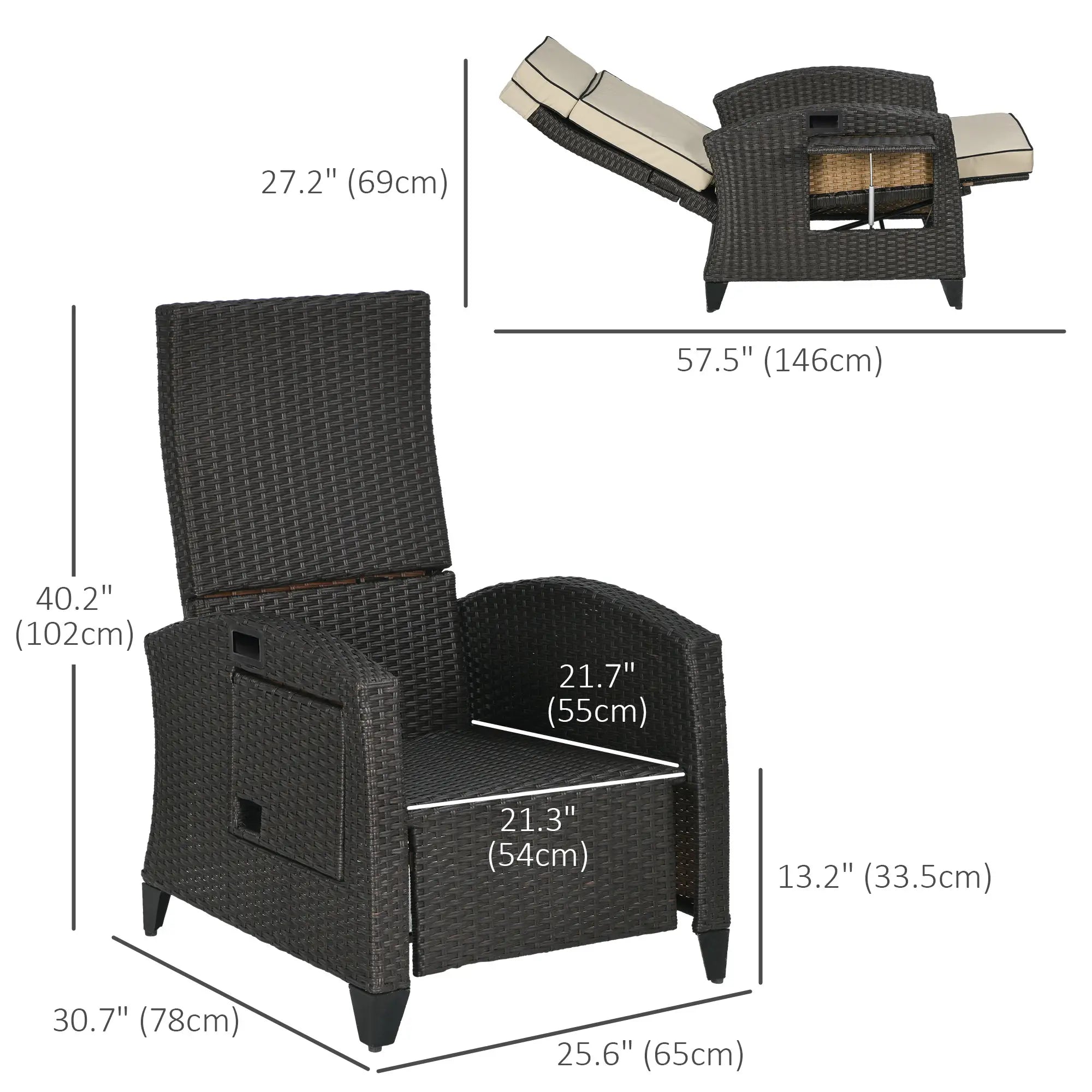 Outdoor Recliner Chair, Adjustable Backrest, Cushion, Side Tray, Khaki Chaise Loungers at Gallery Canada