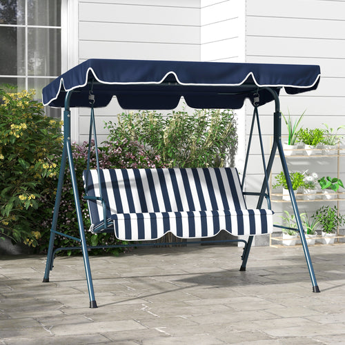 3-Seater Outdoor Porch Swing with Adjustable Canopy, Patio Swing Chair for Garden, Poolside, Backyard, Blue and White
