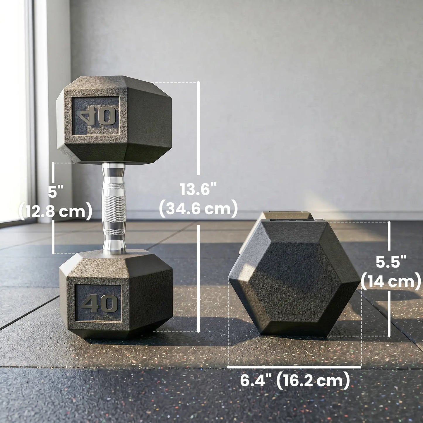 2x40 Lbs Rubber Hex Dumbbell, Weight Barbell for Gym, Black
