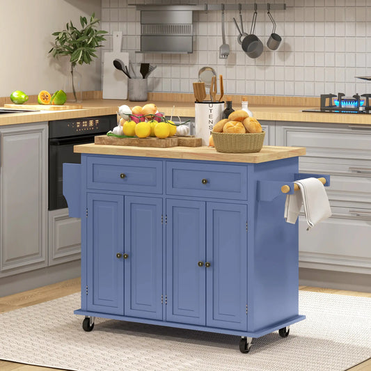 Kitchen Island with Storage, Rolling Cart, Rubber Wood Top, Navy Blue Kitchen Islands & Kitchen Carts Navy Blue at Gallery Canada
