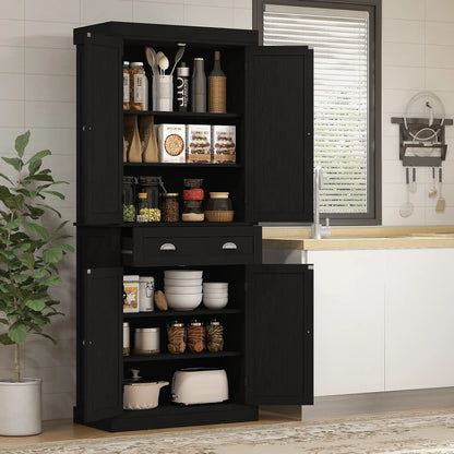72 Inch Tall Pantry Cabinet, 4 Door Kitchen Storage, Black Wood Grain, Black Kitchen Pantry Cabinets at Gallery Canada