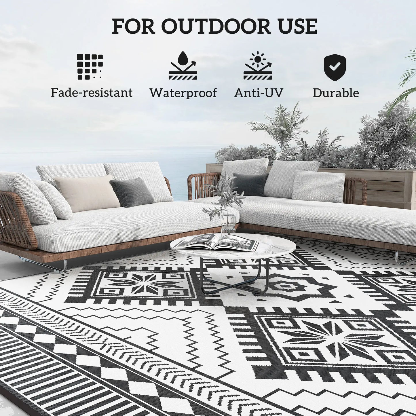 9' x 12' Outdoor RV Rug, Reversible Patio Mat, White and Black Garden Decor at Gallery Canada