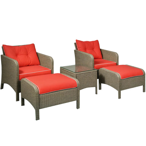 5 Pc Wicker Patio Sofa Set, Red, with Cushions & Glass Table