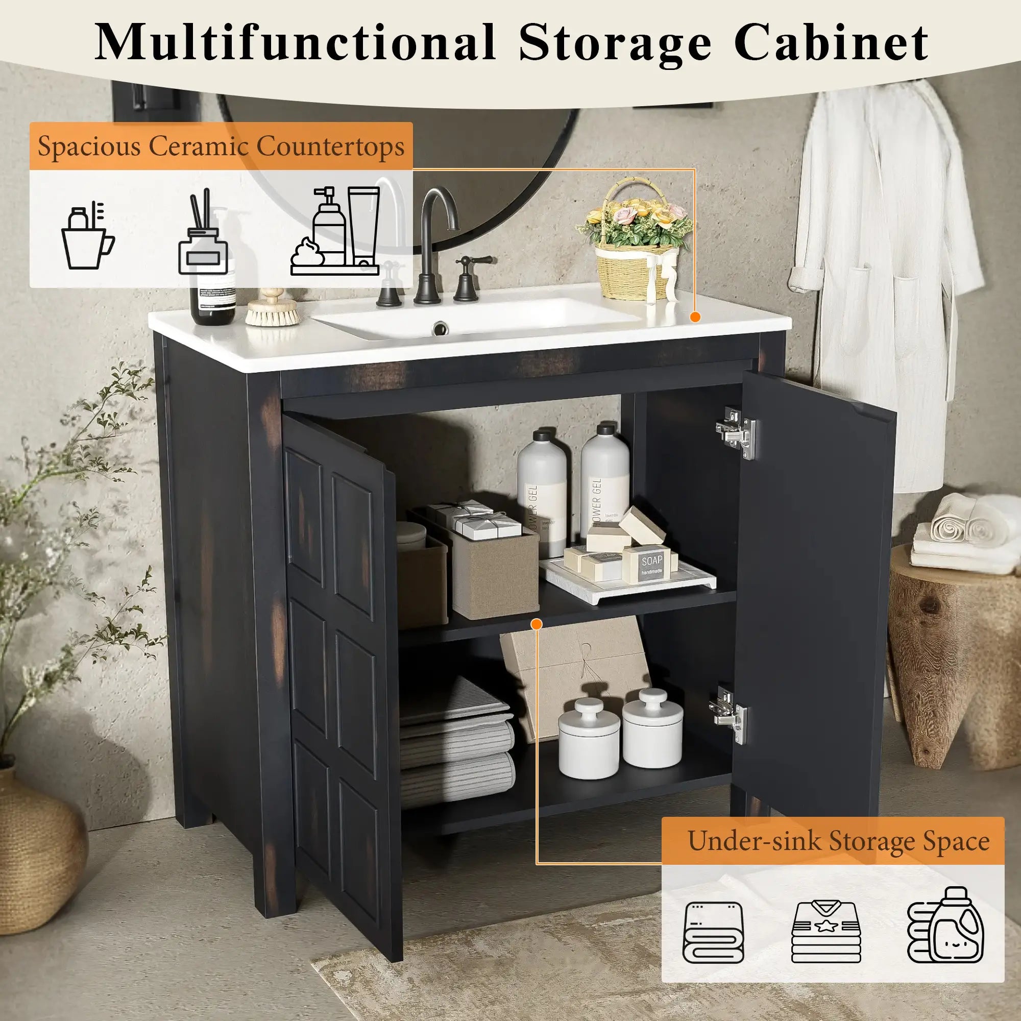 Solid Wood Bathroom Vanity, Ceramic Sink, Storage Cabinet, 36