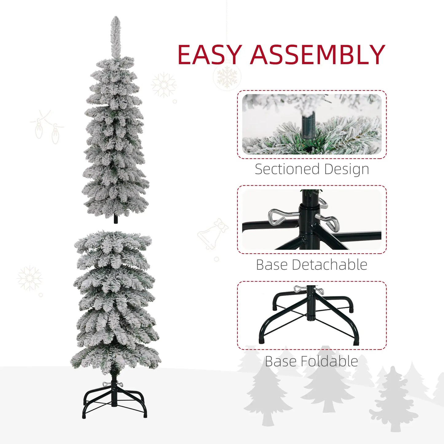 5ft Snow-Flocked Artificial Christmas Tree, Slim Pencil, 301 Branches, Metal Base, Green Pencil Christmas Trees at Gallery Canada
