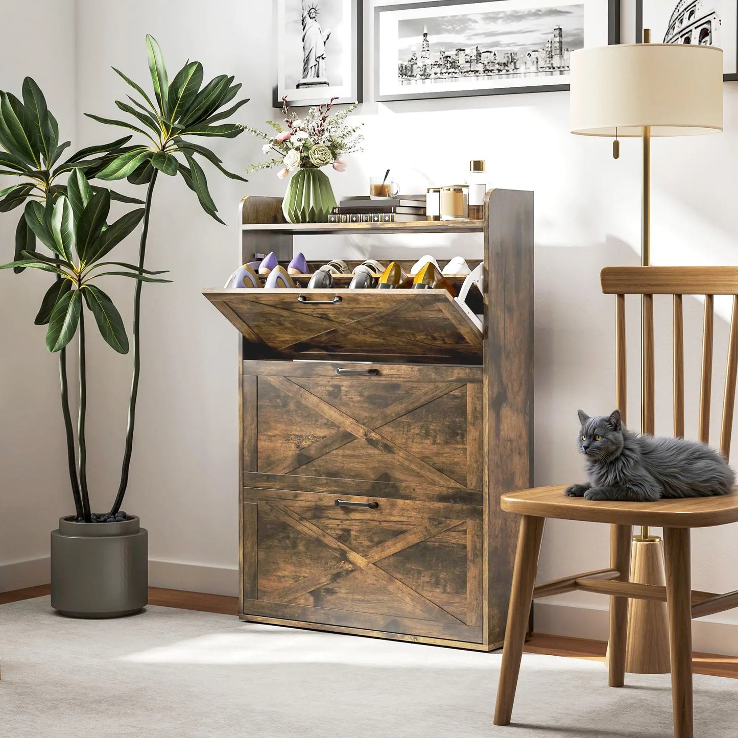 Narrow Shoe Storage Cabinet, 3 Flip Drawers, Adjustable Shelves, Rustic Brown Shoe Storage Cabinets & Racks at Gallery Canada