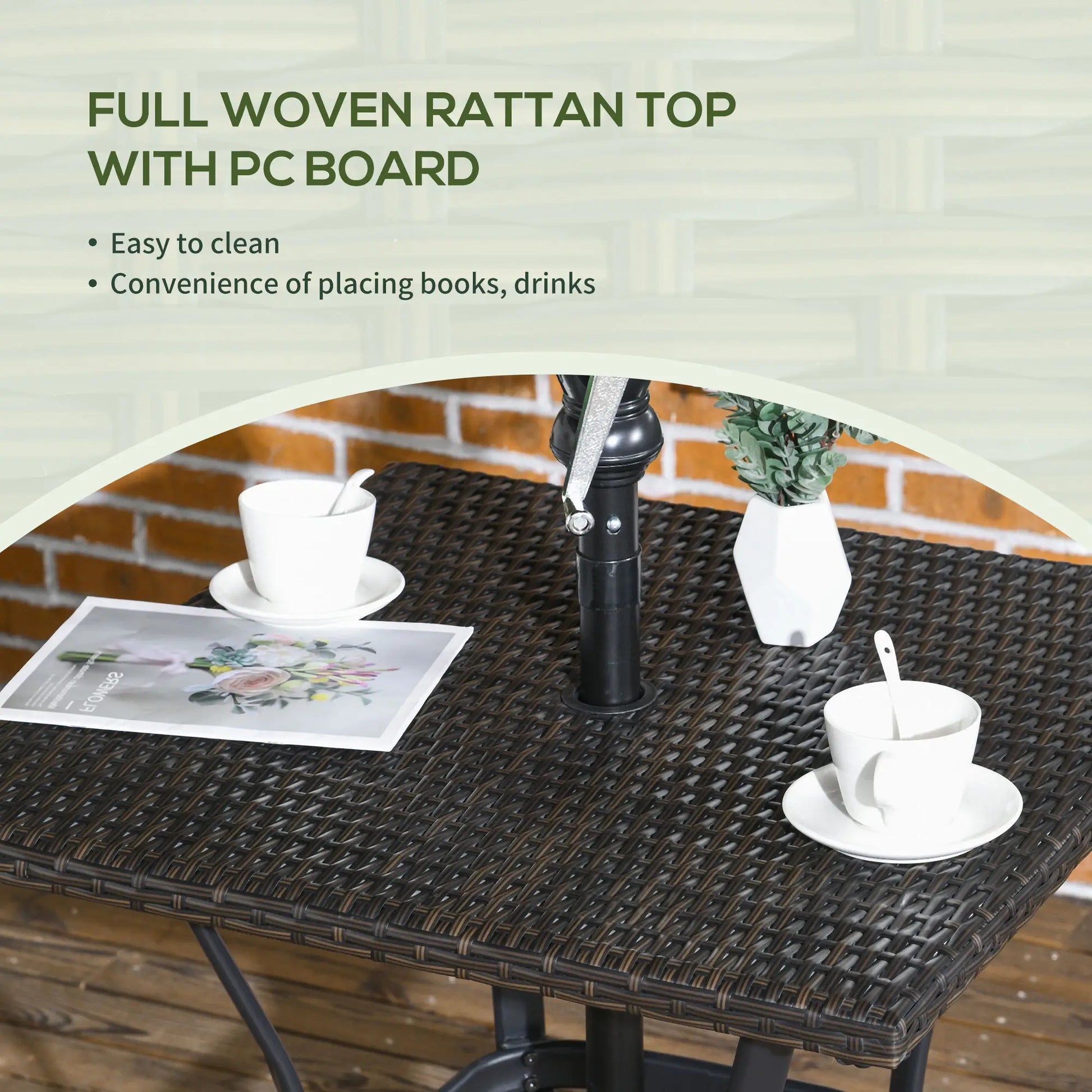 34 Inch Outdoor PE Rattan Dining Table, Umbrella Hole, Mixed Brown, Brown Patio Side Tables at Gallery Canada