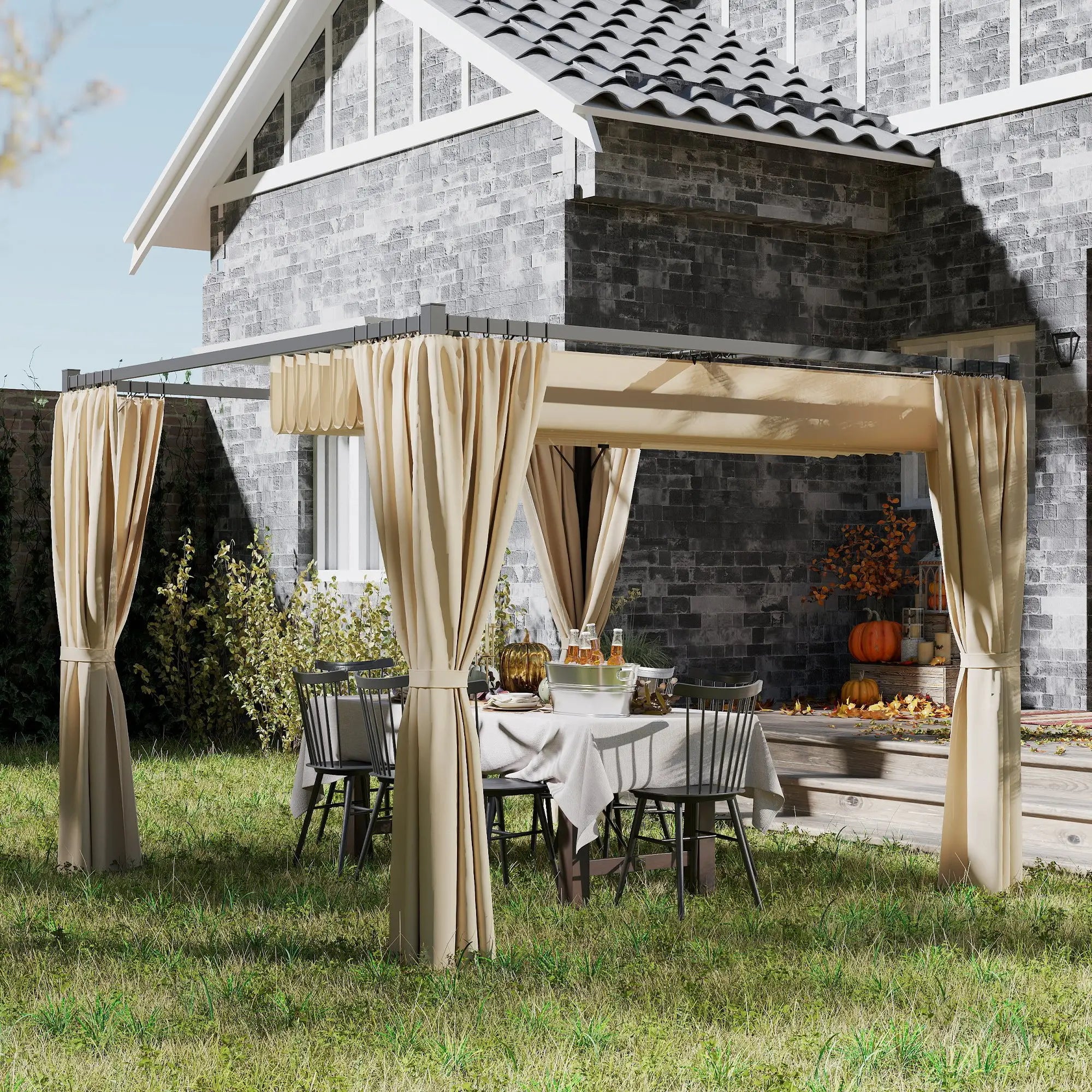 10' x 10' Retractable Pergola, Garden Gazebo with Curtains, Beige Pergolas at Gallery Canada