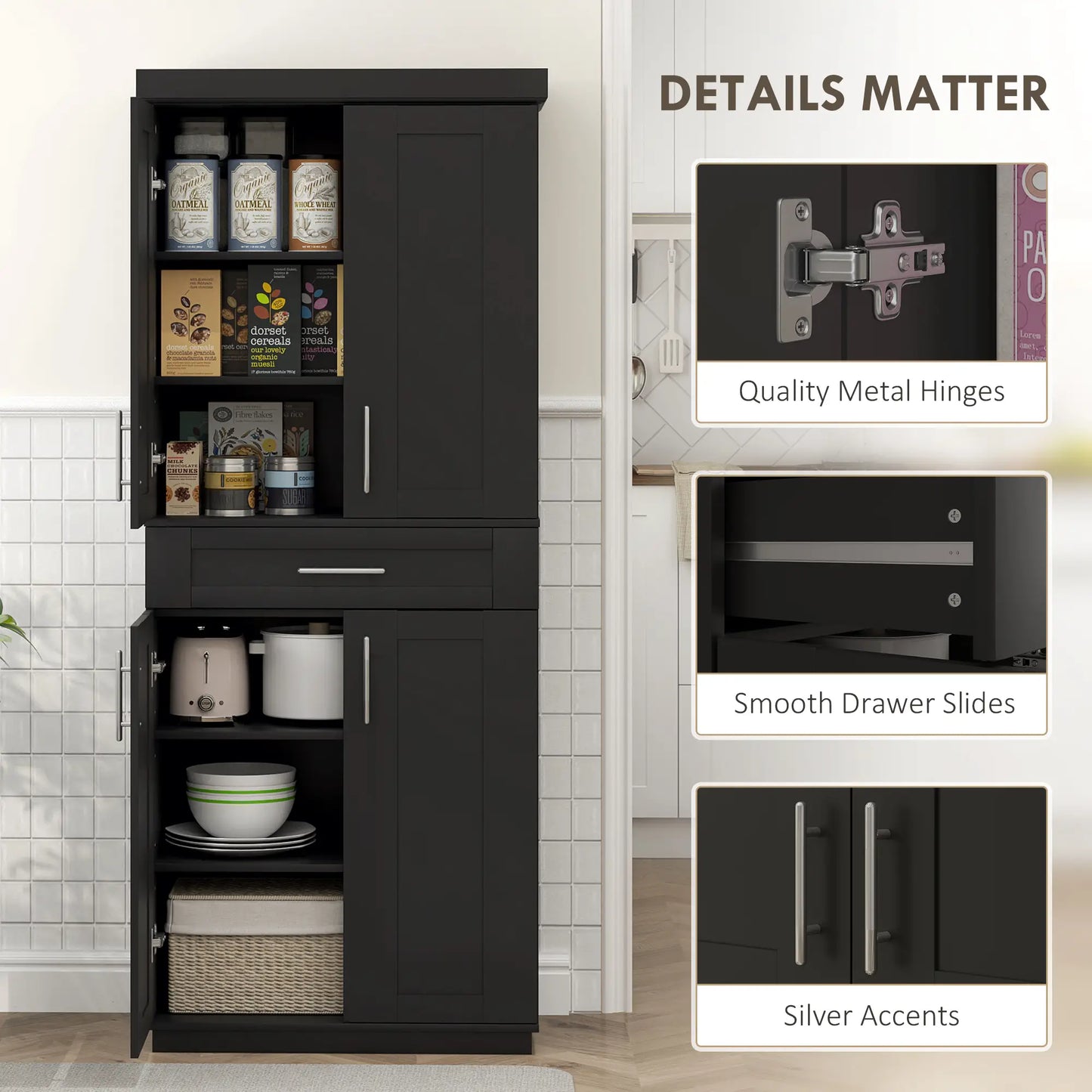 72 Storage Cabinet, 4 Doors, Drawer, 3 Adjustable Shelves, Black Kitchen Pantry Cabinets at Gallery Canada