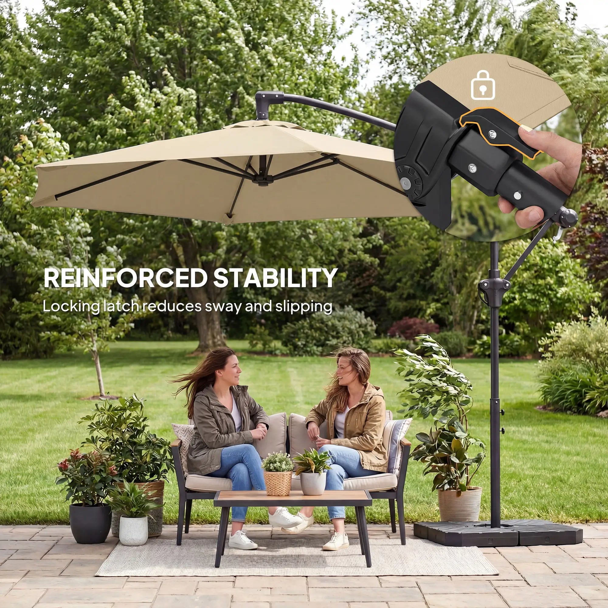 9.7 ft Offset Patio Umbrella, Water/Sand Fillable Weights, Khaki Offset Cantilever Umbrellas at Gallery Canada