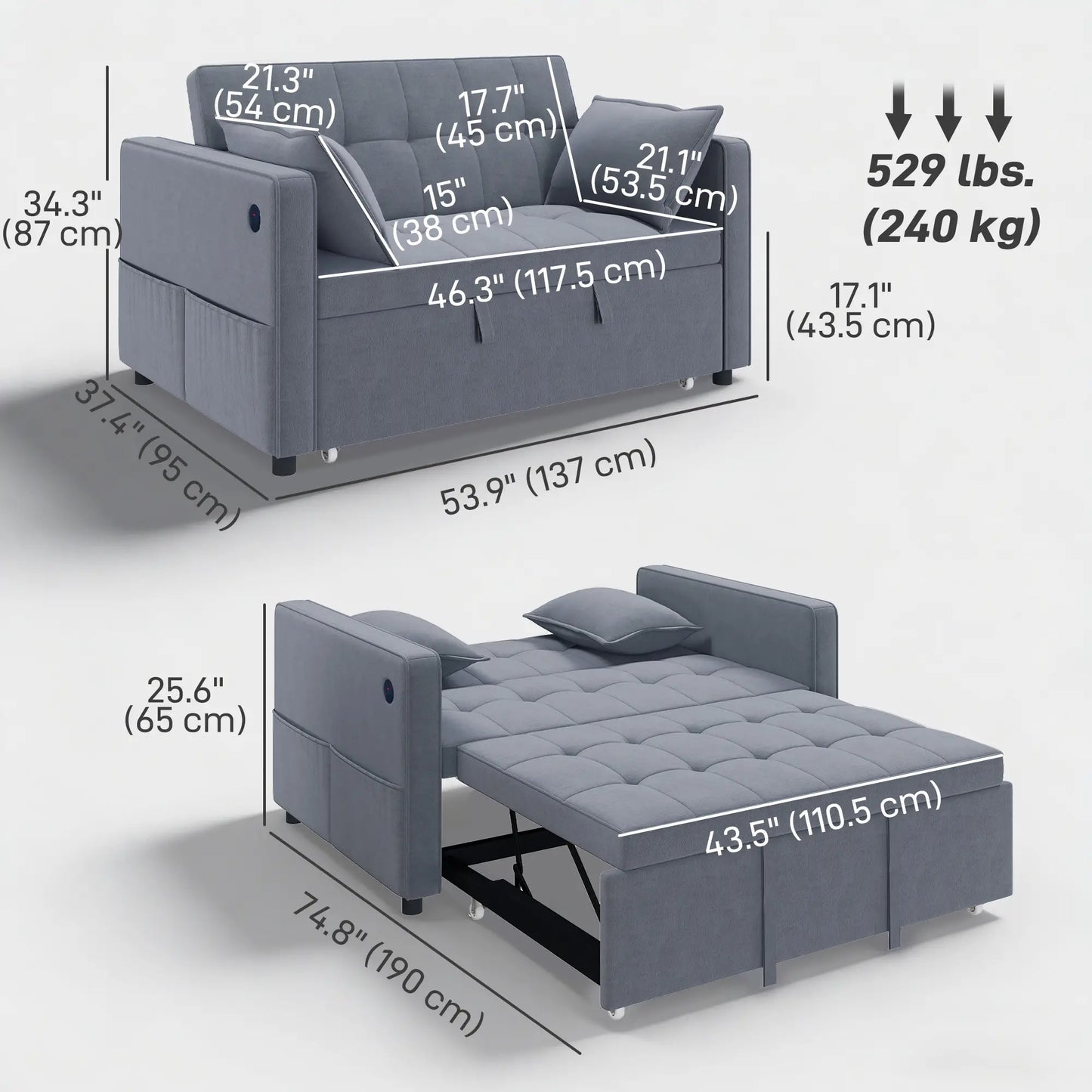 3-In-1 Convertible Sofa Bed, Pull Out Sleeper, Adjustable Backrest, Dark Grey 2-Seater Sofas at Gallery Canada