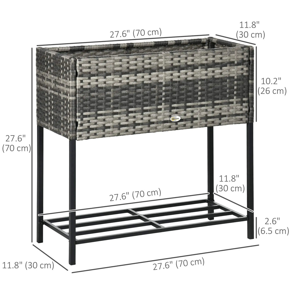 Rattan Raised Garden Box, Elevated Flower Bed with Shelf, Mixed Grey, Grey Plant Stands at Gallery Canada