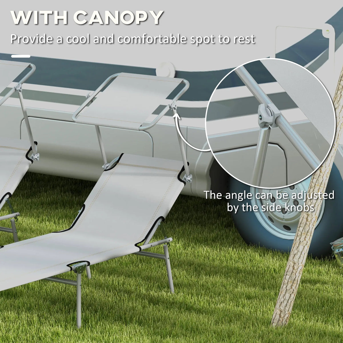 Outdoor Lounge Chair, Adjustable Folding Chaise With Sun Shade, Light Grey Lounger Chairs at Gallery Canada