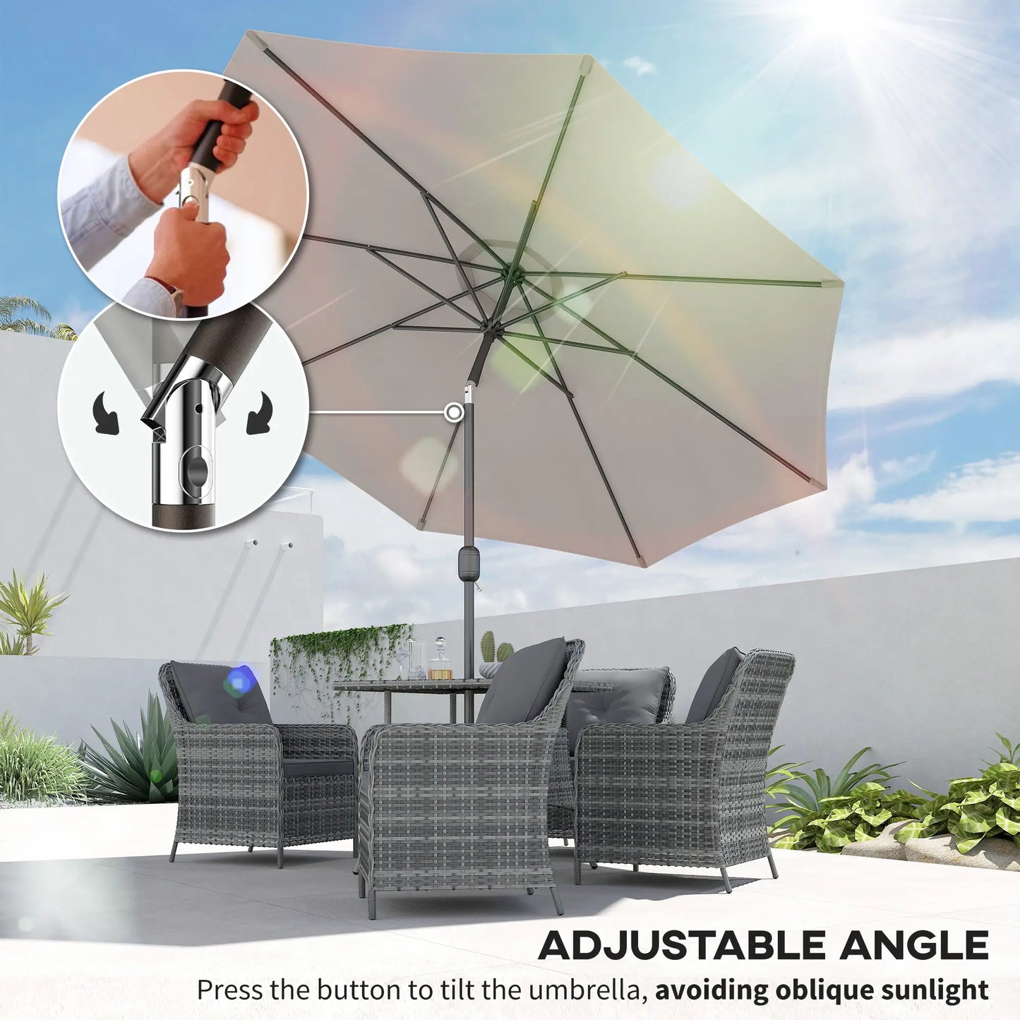 10' x 8' Round Patio Umbrella, Crank Handle, Tilt, Light Grey Sun Umbrellas at Gallery Canada