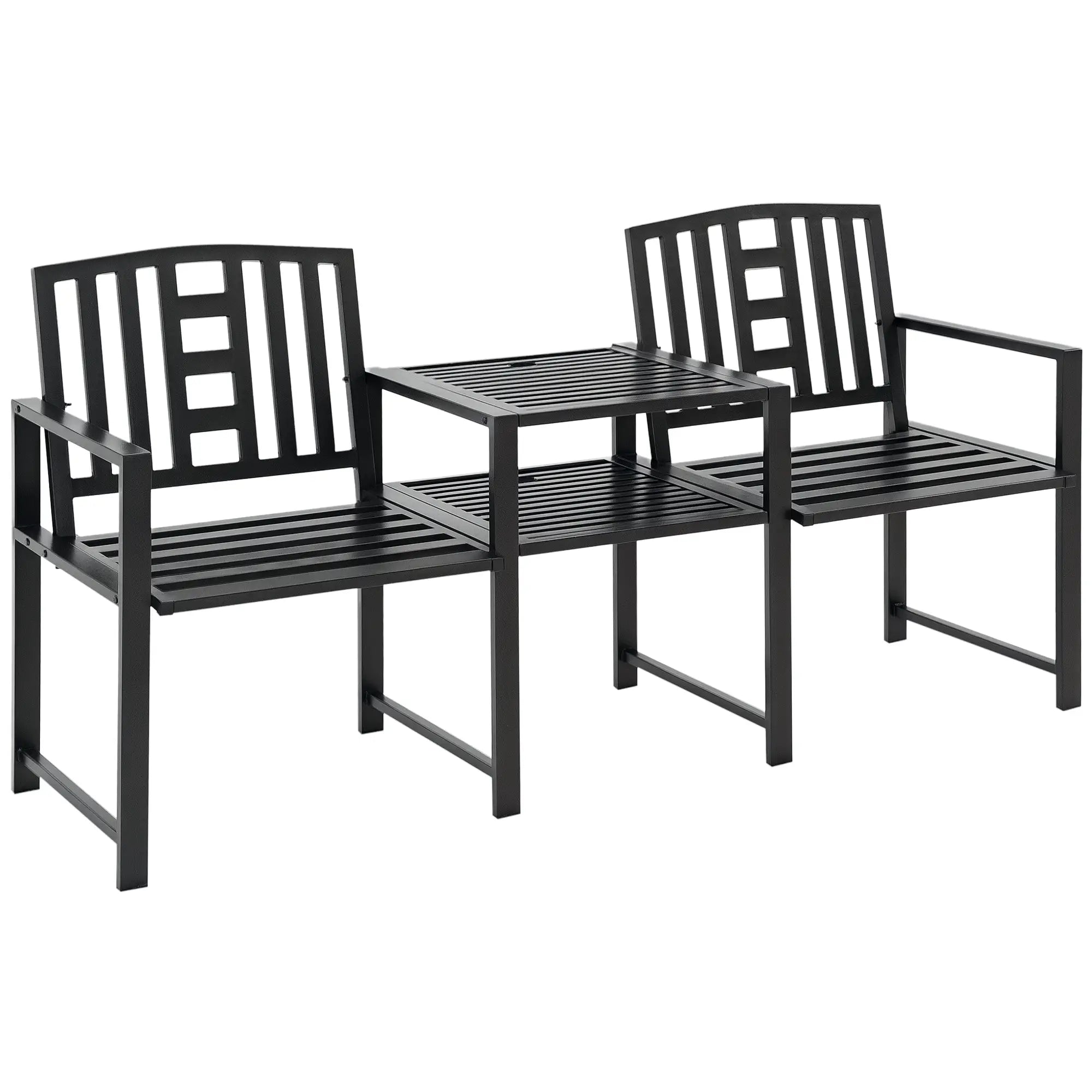 Steel Garden Bench With Middle Table, Umbrella Hole, Double Seat, Outdoor, Black Outdoor Benches Black at Gallery Canada