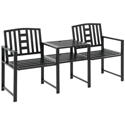 Steel Garden Bench With Middle Table, Umbrella Hole, Double Seat, Outdoor, Black Outdoor Benches Black at Gallery Canada