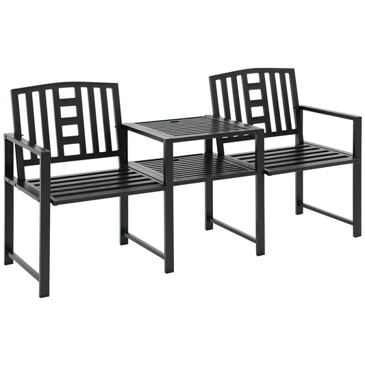 Steel Garden Bench With Middle Table, Umbrella Hole, Double Seat, Outdoor, Black Outdoor Benches Black at Gallery Canada