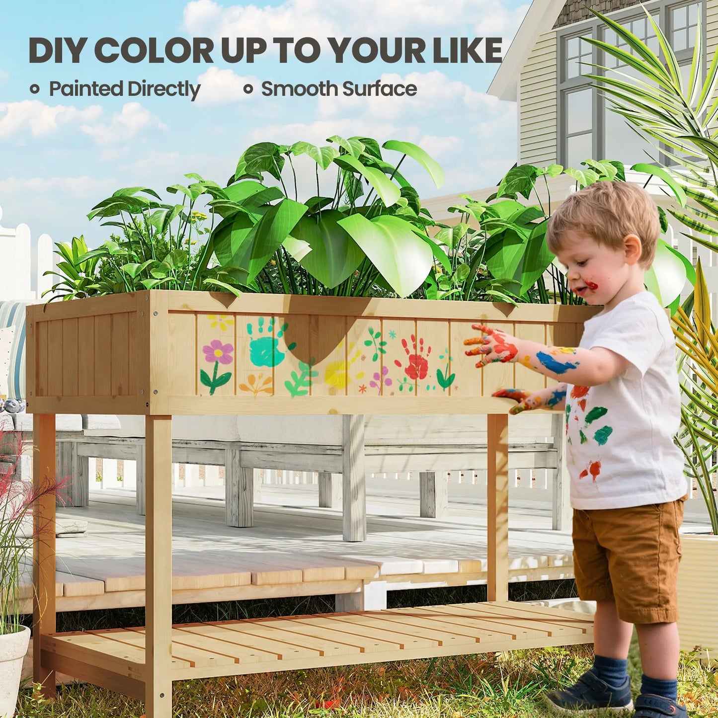 43.25" x 18" x 30" Raised Garden Bed, Wooden Plant Stand, 8 Grid Box, Natural Wood Elevated Garden Beds at Gallery Canada