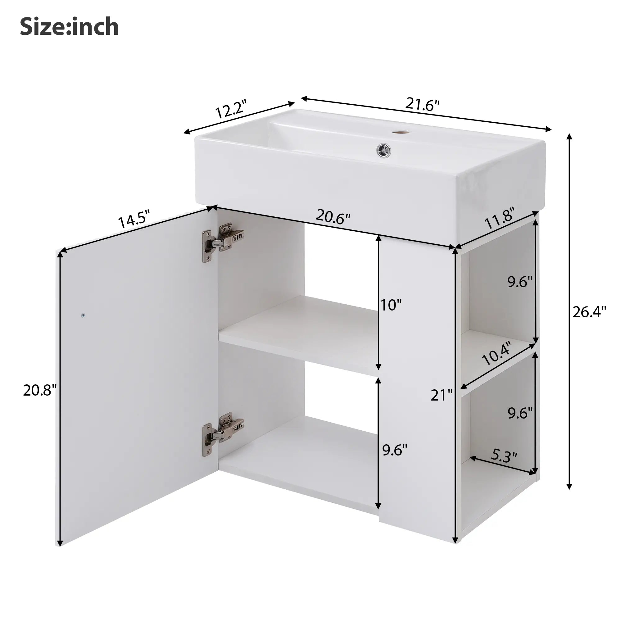 Floating Bathroom Vanity, Ceramic Basin, Right Storage, Rose Gold Handle, 21.5