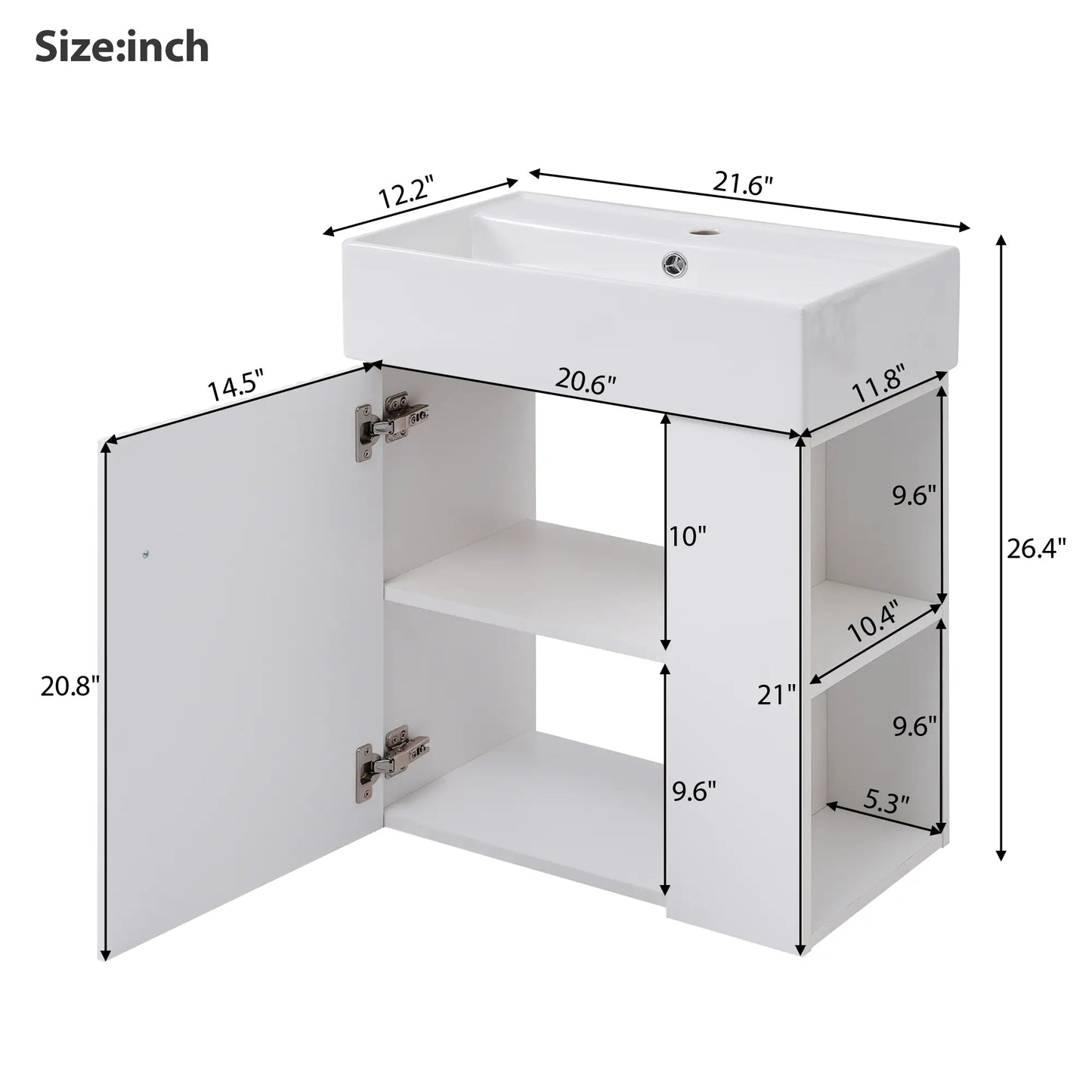 Floating Bathroom Vanity, Ceramic Basin, Right Storage, Rose Gold Handle, 21.5" L x 12" W x 26.5" H, White Sink Cabinets at Gallery Canada