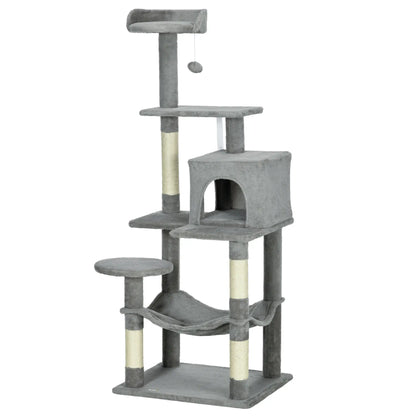 56" Tall Cat Tree, Multi-Level Tower with Hammock, Bed, Condo, Sisal Scratching Posts, Grey Cat Towers Grey, Cream White at Gallery Canada